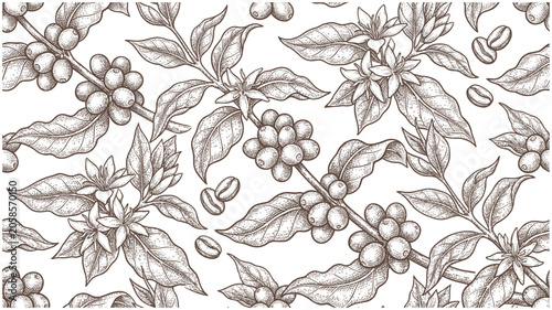 Canvastavla Elegant seamless pattern of coffee plant with leaves and beans on a cream background