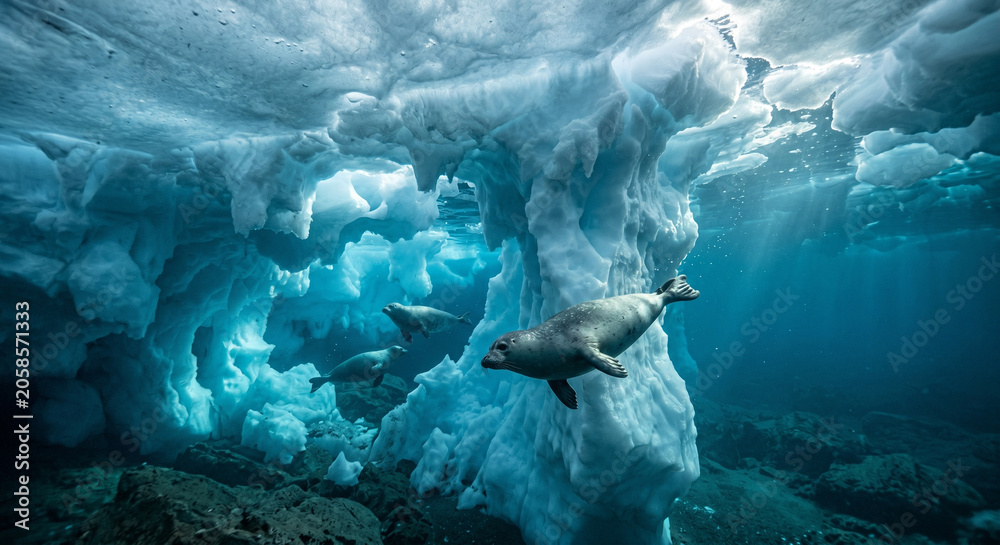 Obraz premium Submerged seals' ethereal ballet beneath a majestic frozen ceiling