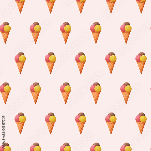 Minimalist ice cream cone seamless pattern on soft pink background. Aesthetic Scandinavian style summer print for baby textiles, nursery wallpaper, and kids packaging.