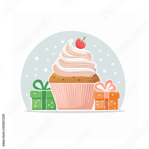 Cupcake with Gifts and Cherry on Top Illustration