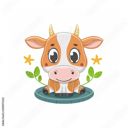 Cute cartoon cow with flowers and stars
