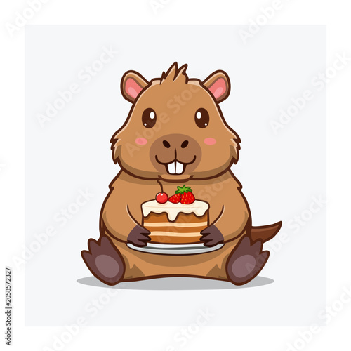 Cute cartoon capybara holding birthday cake