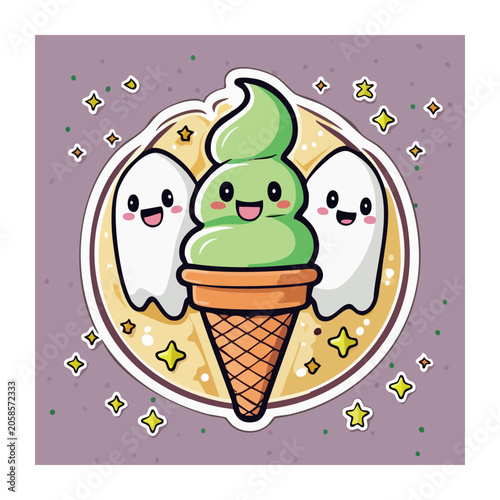 Cute Ghosts with Green Soft Serve Ice Cream Cone Illustration