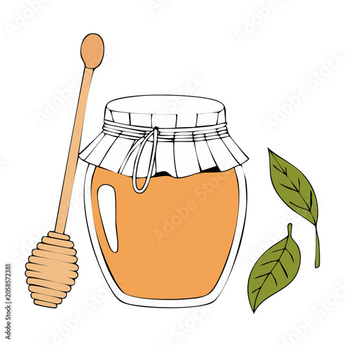 Flat design illustration of honey jar with dipper and leaves
