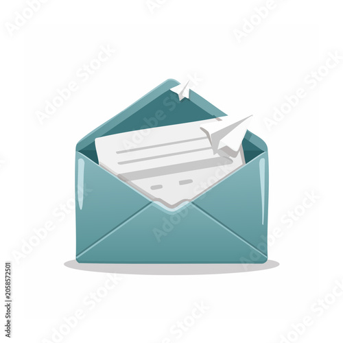 Teal envelope with paper airplane and letter