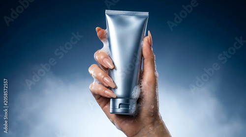 Hand Holding a Silver Squeeze Tube with Cosmetic Cleansing Foam in a Moody Blue Atmosphere for Skin Care Product Presentation