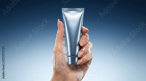 Close-up shot of a hand holding a smooth silver tube with a blue gradient background, suitable for skincare or cosmetic product advertising