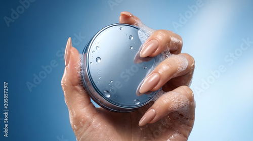 Close-up of a hand holding a blue cosmetic cream container with water droplets and foam for skin care and hydration