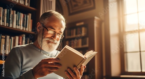 Senior man reading book in library.