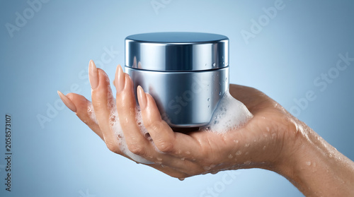 Hand holding a jar of cream with soap bubbles against a soft blue background, skincare and beauty product advertising concept