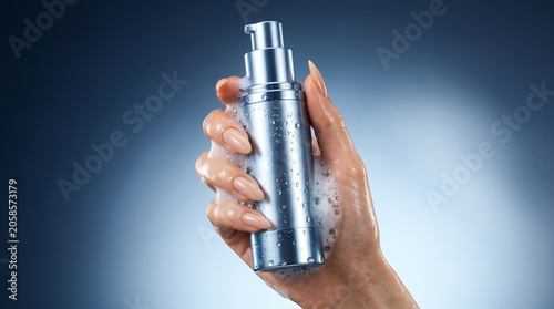 Close-up of a hand holding a dispenser bottle with foamy liquid, showcasing a skincare or beauty product in a studio setting