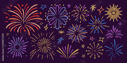 Colorful hand drawn fireworks vector illustration on purple background