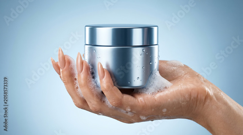 Woman's hand holding a blue metallic cosmetic cream jar with white soap foam on a light blue background