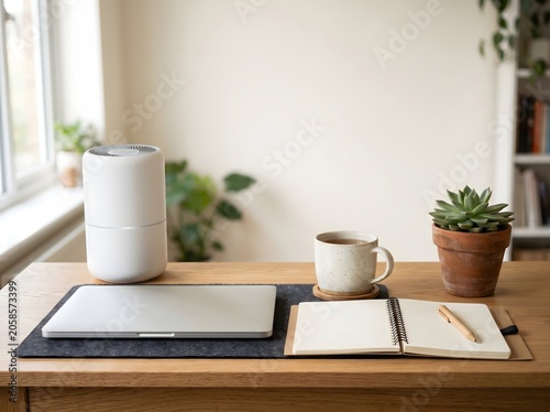 A clean home office desk with a compact unbranded air purifier, closed laptop, blank notebook, mug, and plant for indoor air quality, remote work wellness, and productivity themes.