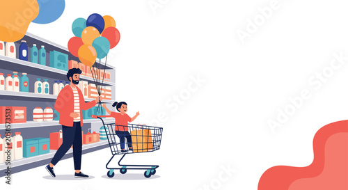 Happy father pushing his young daughter in a shopping cart with a bunch of colorful balloons at the grocery store.
