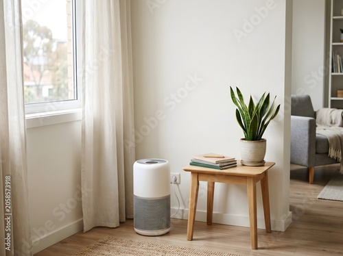 A bright apartment corner with a portable air purifier, side table, books, indoor plant, and curtains, showing clean air, indoor wellness, renter-friendly living, and healthy home habits.