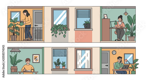 Cross section view of apartment building showing people engaged in daily activities like working, reading, and watering plants.