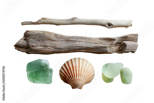 Beachcomber flat lay set with green sea glass, weathered driftwood, scallop isolated on white background, Clipping Path, png