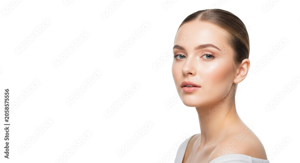Fototapeta premium Young radiant caucasian woman, mid-20s, sleek hair, bare shoulders, serene gaze, soft high-key studio light on white background with copy space, natural health and beauty concept.