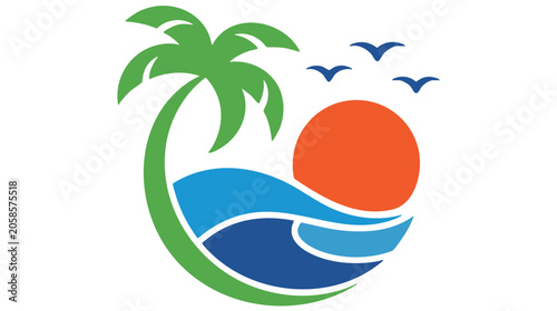 Palm Tree and Seaside Waves Logo Icon with Orange Sun and Blue Sky Birds for Summer Vacation Branding