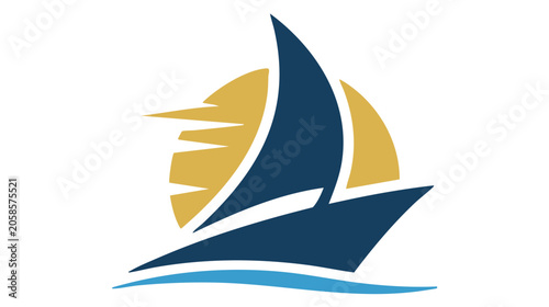 Sailboat Logo Emblem with Blue and Gold Sails and Curved Waves, Modern Vector Style for Nautical Branding