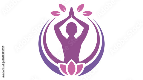 Yoga Lotus Emblem with Purple Female Silhouette and Expanding Halo Flames for Wellness and Meditation Branding Icon