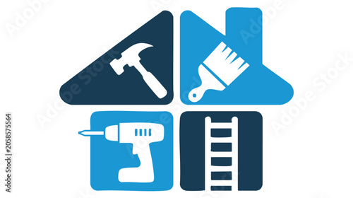 Boot and Wrench, Tool Icons Set with Blue and Black Triangular Backgrounds for Mechanics and Maintenance Signage