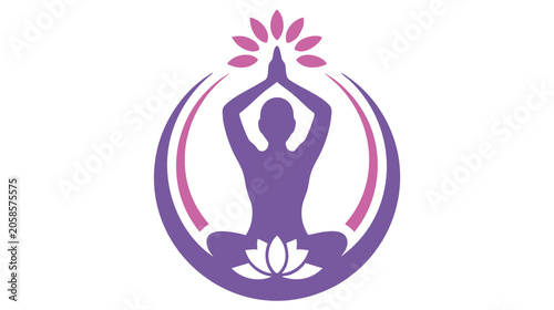 Meditation Lotus Emblem with Hands, Glowing Petals, and Circular Purple Blue Waves in Spiritual Wellness Icon Style