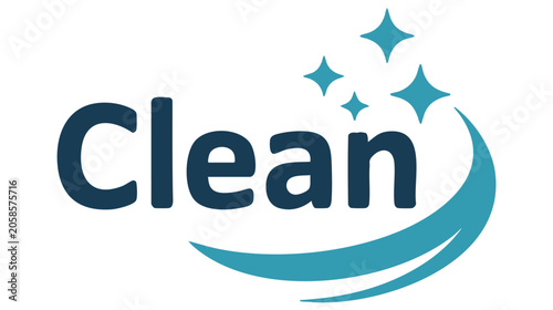 Clean Logo with Blue Text and Crescent Swoosh Plus Sparkle Icons for Fresh, Modern Branding Featuring Cleanliness, Hygiene, Star Accents with Brand