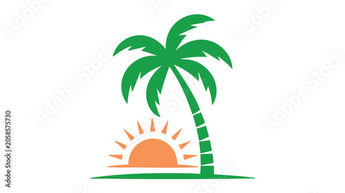 Palm Tree Illustration with Green Fronds, Striped Trunk, and Orange Sun Over a Grassy Island Featuring Tropical, Sunshine, Grass with Beach