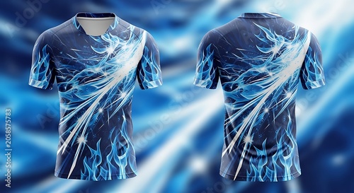 Blue Athletic T Shirt Mockup with Electric Flame Pattern on Abstract Background