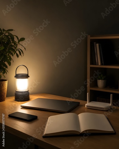 A warm home desk during a power outage with a small battery lantern, closed laptop, phone face down, and blank notebook for backup power, emergency preparedness, and home resilience.