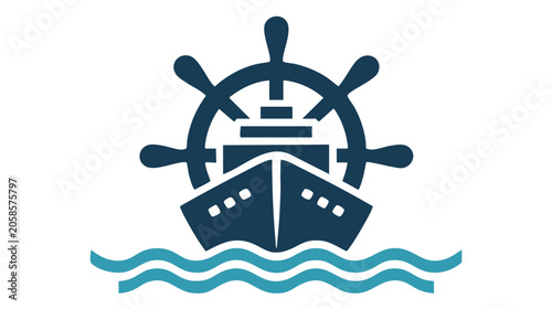 Ship Steering Wheel and Anchor Icon with Crossed Paddles, Nautical Waves, and Compass Symbol in Dark Blue Vector Style