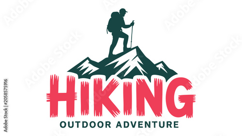 Hiking Boot and Camper Silhouette Logo with Bold Pink Hashtag Text and Outdoor Adventure Typography Featuring Climbing Figure, Badge Style, Travel
