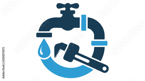 Tap and Adjustable Wrench Icon with Water Drop, Blue and Dark Blue Vector Style for Plumbing and Maintenance