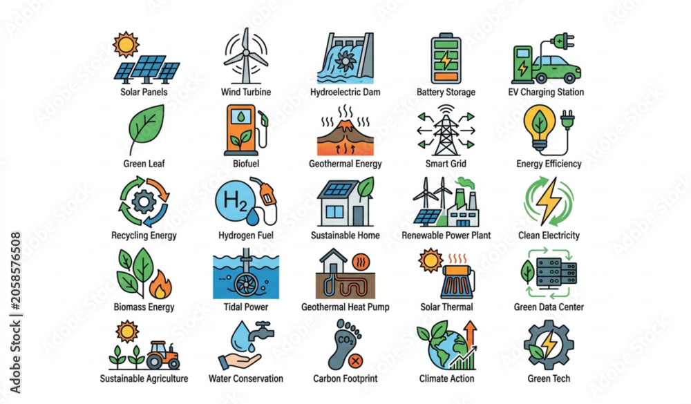 Fototapeta premium Renewable Energy Icons Set with Solar Wind Hydro and Sustainable Power Symbols Vector Collection