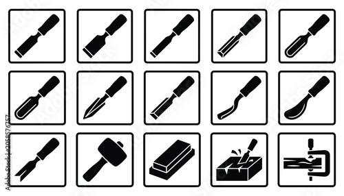 Slika na platnu Wood carving tools and woodworking vector illustration set for craft and carpentry