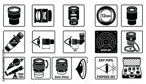 Fotografie Telescope eyepiece lens set vector illustration of optical accessories for astronomy equipment use