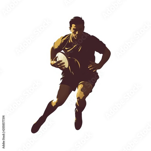 Isolated vector silhouette of a rugby player holding a ball and running front view, rugby, profile