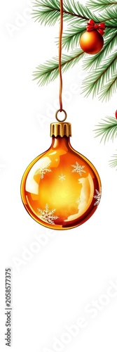 Illustrated glass Christmas tree ornament hand drawn amber colored holiday decoration hanging on a string isolated on a white background, holiday, ornament