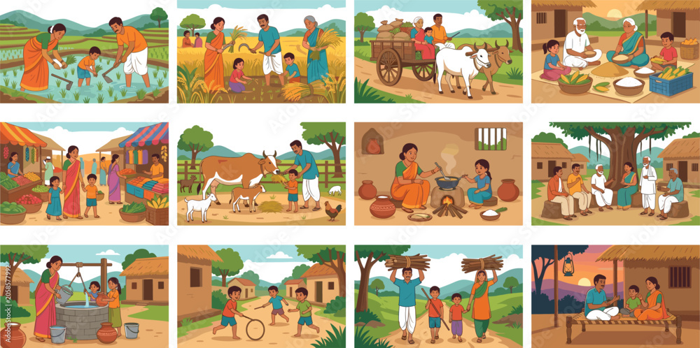 Obraz premium Traditional Indian village life farming family routine and rural community culture scenes vector illustration collection