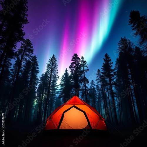 Glowing tent surrounded by dark forest under vibrant aurora borealis lights, ||aurora borealis, camping adventure