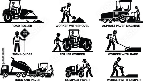 Road Construction Workers with Steam Roller and Heavy Vehicles