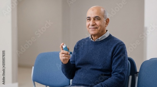 Senior Middle Eastern man with inhaler, Asthma clinic appointment, Respiratory healthcare waiting room, Calm medical portrait