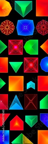 Geometric patterns in neon colors on black background, black, design