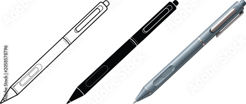 Foto Collection of digital stylus pens in outline solid black and realistic metallic