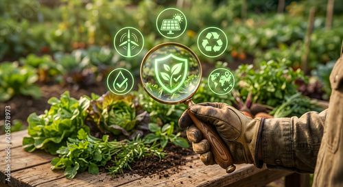 Farmer inspecting plants in garden with magnifying glass showing eco friendly farming icons agriculture technology.