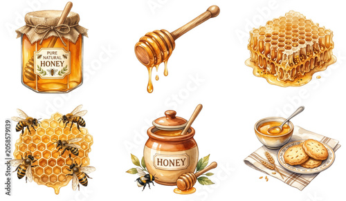 watercolor set of sweet golden honey including a jar honeycomb and dipper on a transparent background