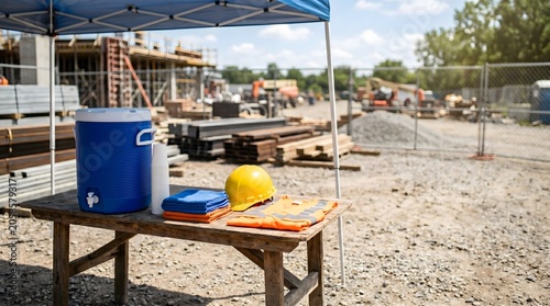 A shaded construction site hydration station with a blue water cooler, yellow hard hat, folded cooling towels, and safety supplies for outdoor worker heat illness prevention.