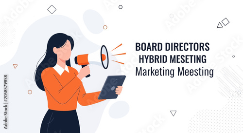 Woman with Megaphone and Tablet Announcing Board Meeting and Marketing Strategies